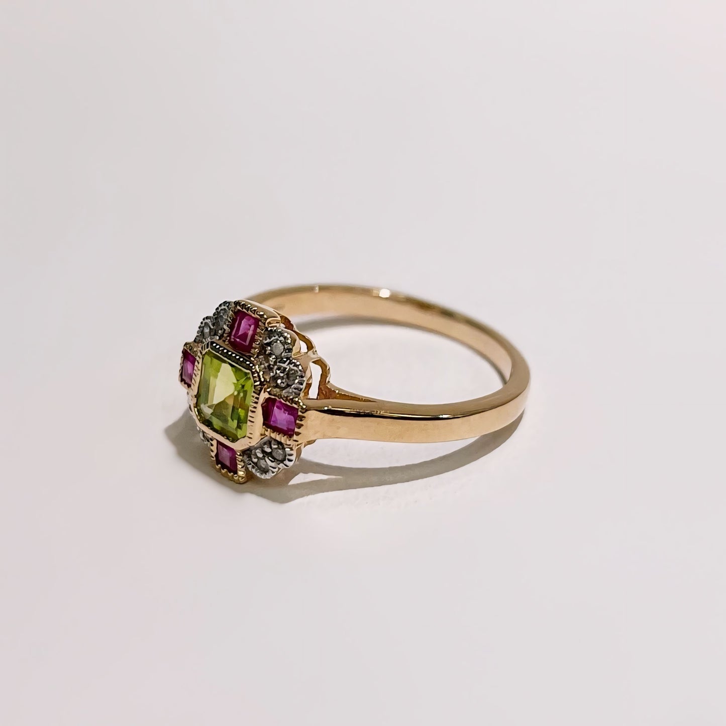 9ct Yellow Gold Art Deco Reproduction Green Peridot, Pink Ruby and Diamond Ring – Size O