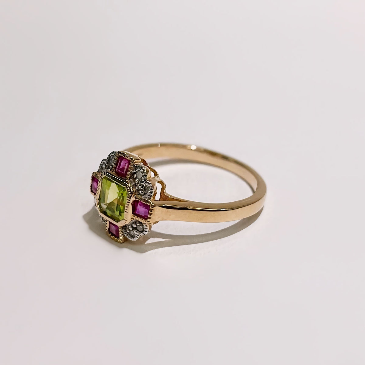 Peridot, Pink Ruby and Diamond Art Deco Reproduction 9ct Yellow Gold Ring | Size O