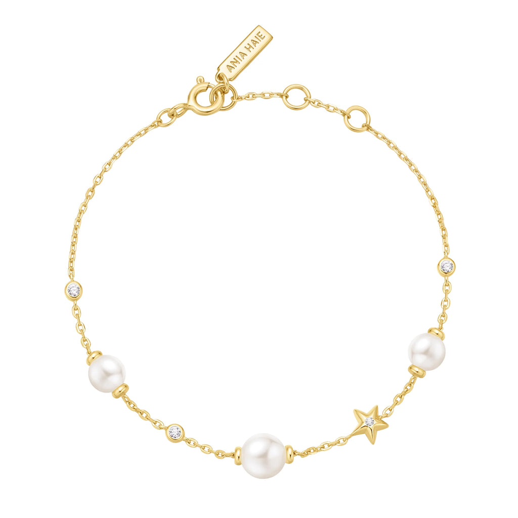 14ct Gold Plated Cubic Zirconia Shell Pearl and Star Station Bracelet | Ania Haie