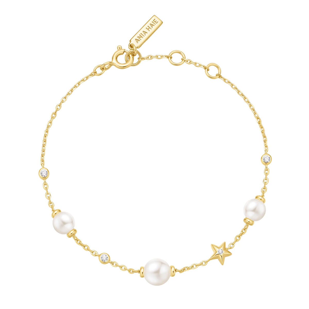 14ct Gold Plated Cubic Zirconia Shell Pearl and Star Station Bracelet | Ania Haie