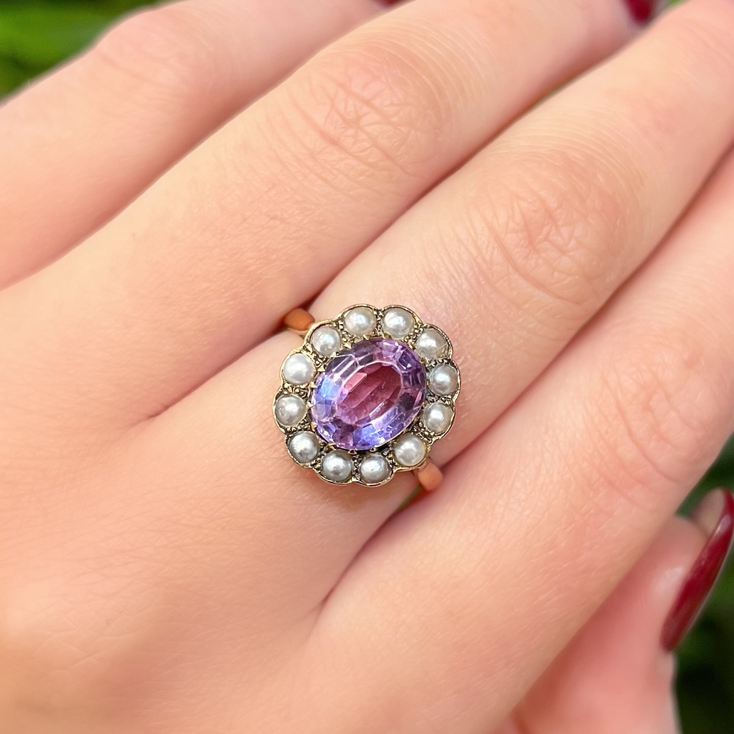 Vintage 9ct Yellow Gold Purple Amethyst and Pearl Cluster Ring - Size O