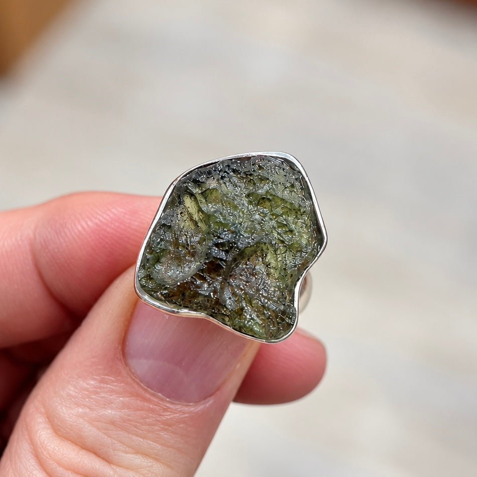 Rough Cut Green Moldavite Sterling Silver Ring | Size P