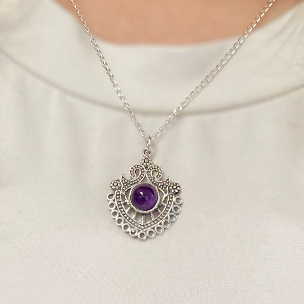 Ornate Sterling Silver Filigree Amethyst Necklace