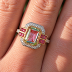 Art Deco Inspired Green Amethyst and Pink Tourmaline 9ct Yellow Gold Ring