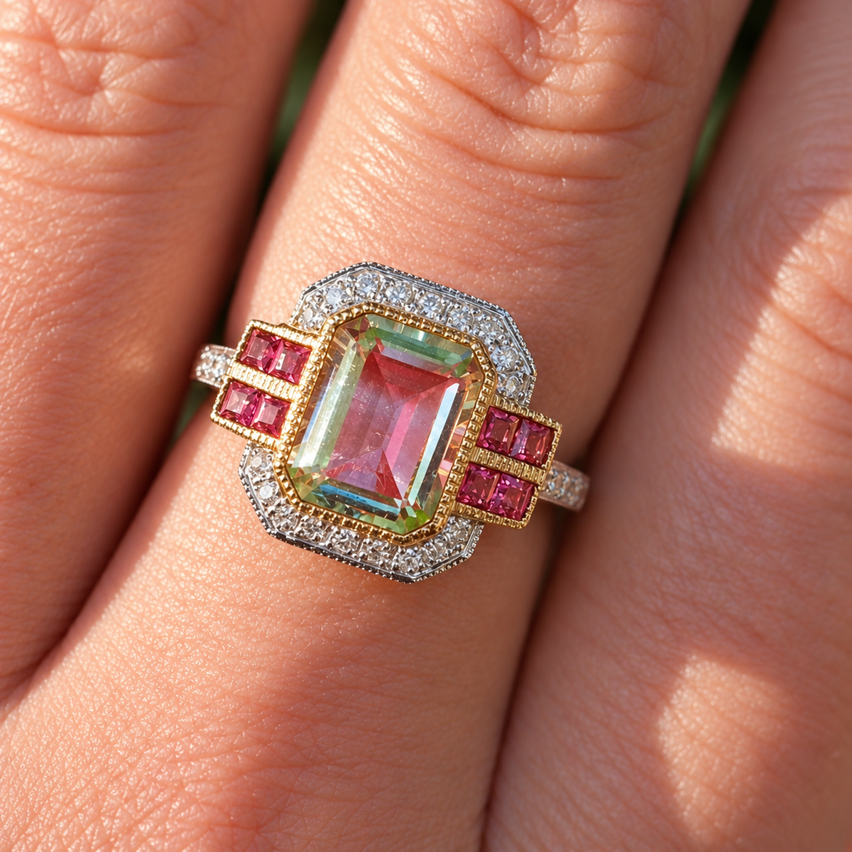 Art Deco Inspired Green Amethyst and Pink Tourmaline 9ct Yellow Gold Ring