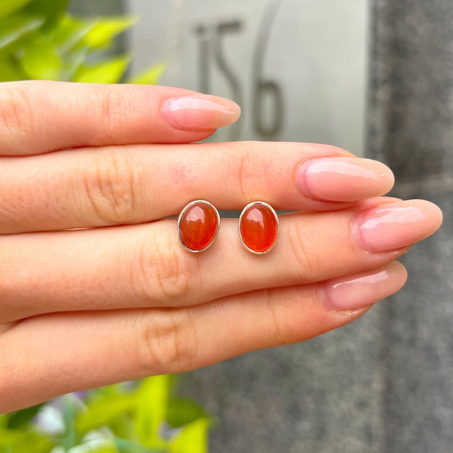 Sterling Silver Orange Carnelian Oval Stud Earrings