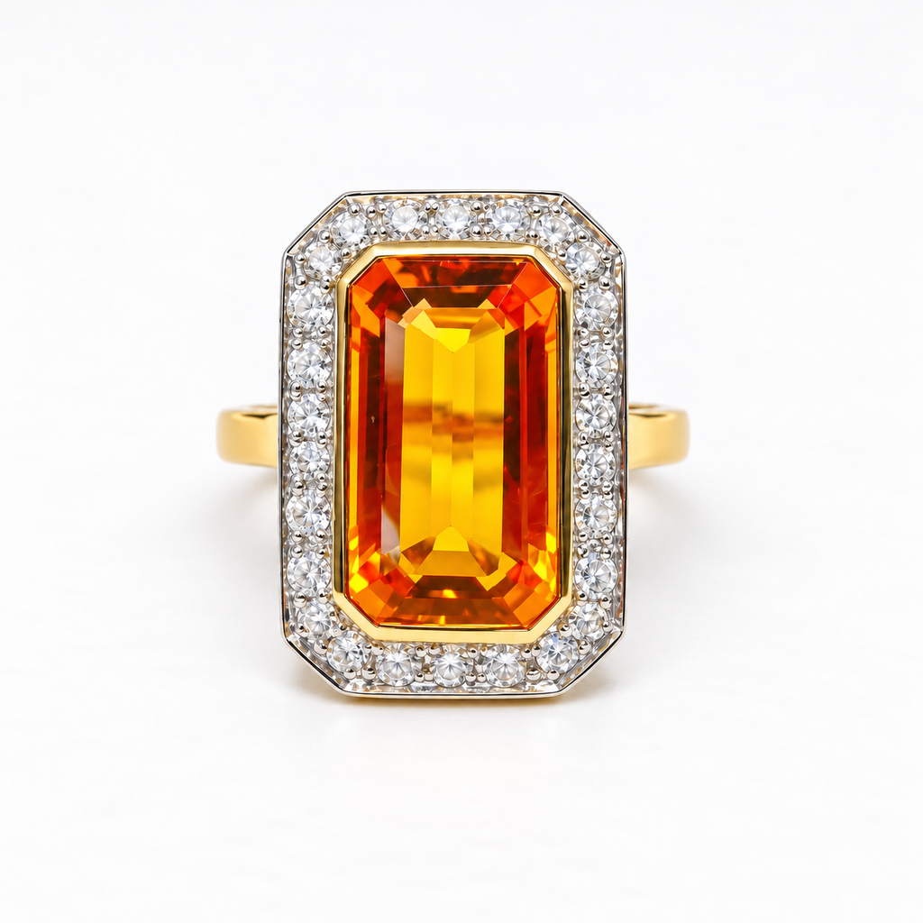 Art Deco Inspired Madeira Citrine and Diamond 9ct Yellow Gold Halo Cocktail Ring | Size N ½