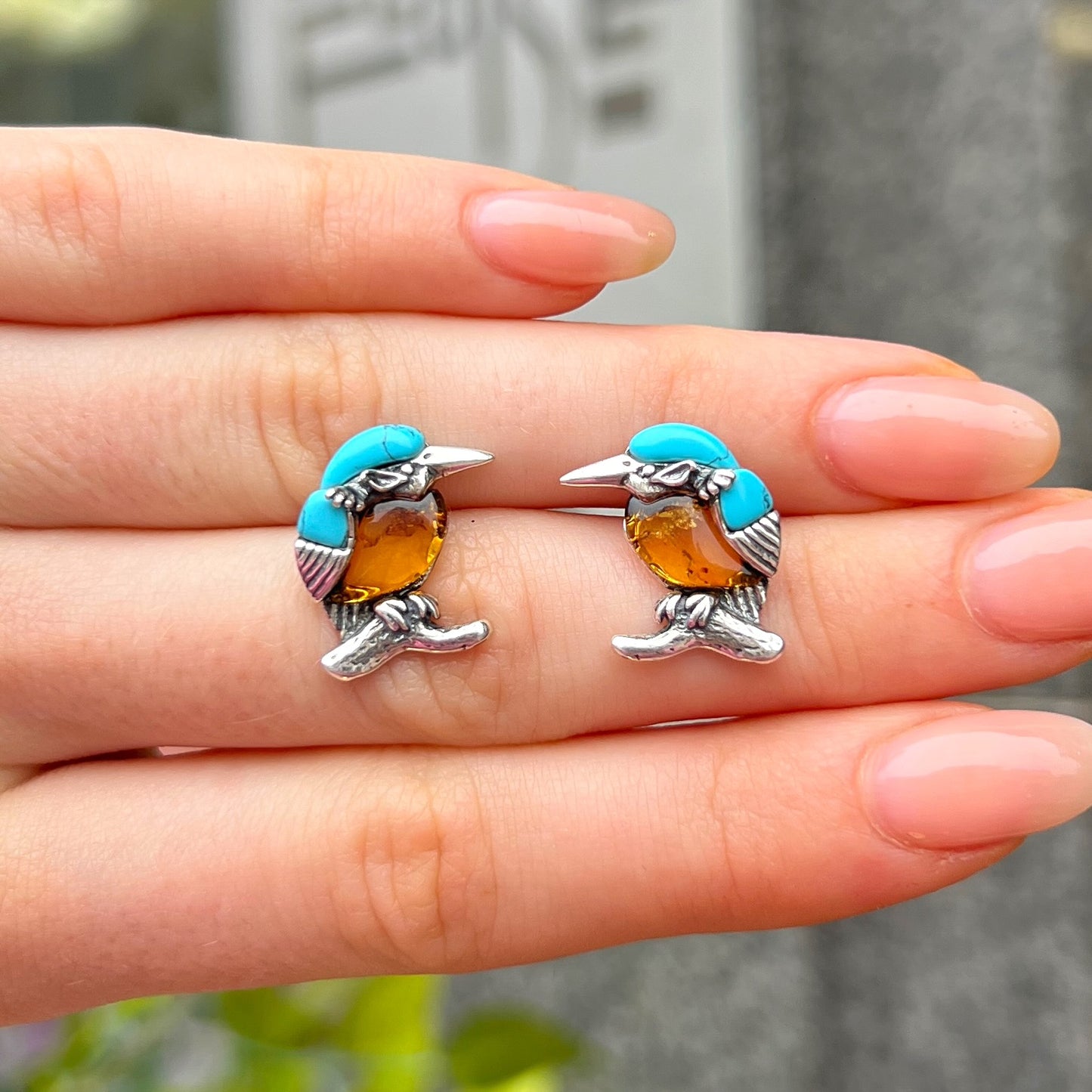 Sterling Silver Orange Amber & Blue Turquoise Bird Design Stud Earrings