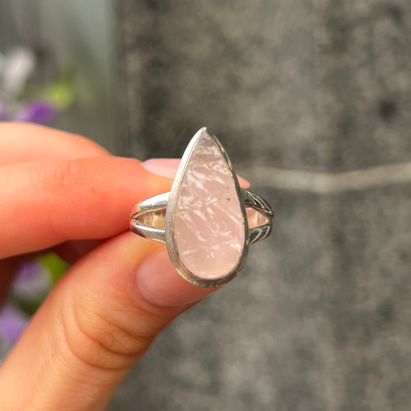 Sterling Silver Rough Pear Cut Pink Rose Quartz Ring - Size O