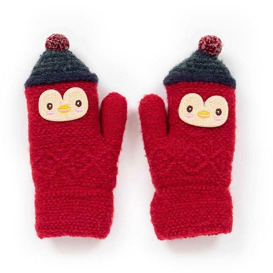 Kids Cosy Faux Fur Lined Penguin Knitted Mittens - Red | Powder Accessories