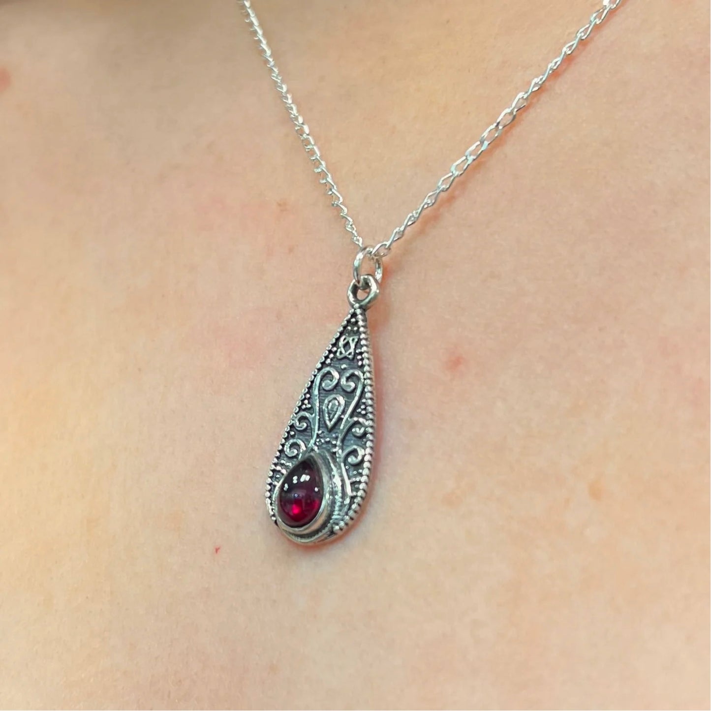 Boho Inspired Pear Shaped Sterling Silver Red Garnet Shield Necklace