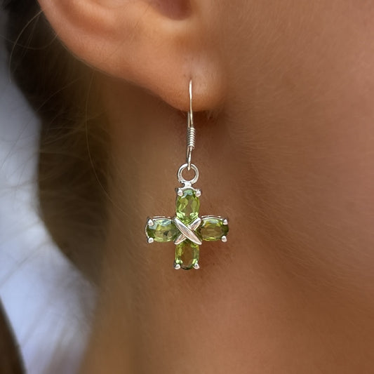 Sterling Silver Cross Peridot Drop Earrings