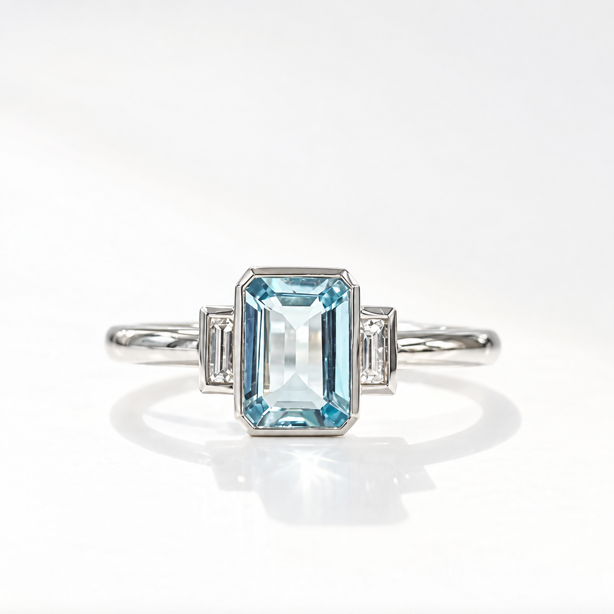 Emerald-Cut Aquamarine and Baguette-Cut Diamond 18ct White Gold Trilogy Ring | Size N