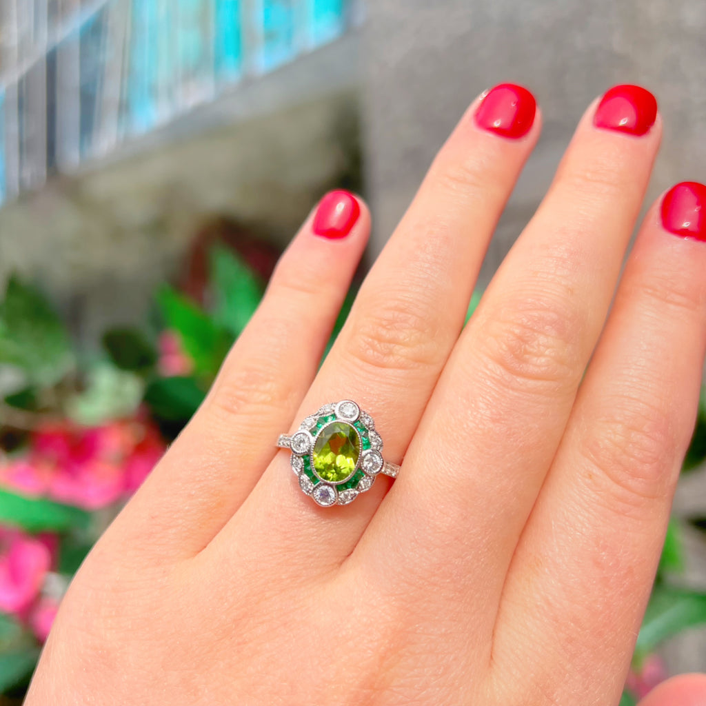 Art Deco Reproduction Peridot, Emerald and Diamond 9ct White Gold Ring | Size M ½
