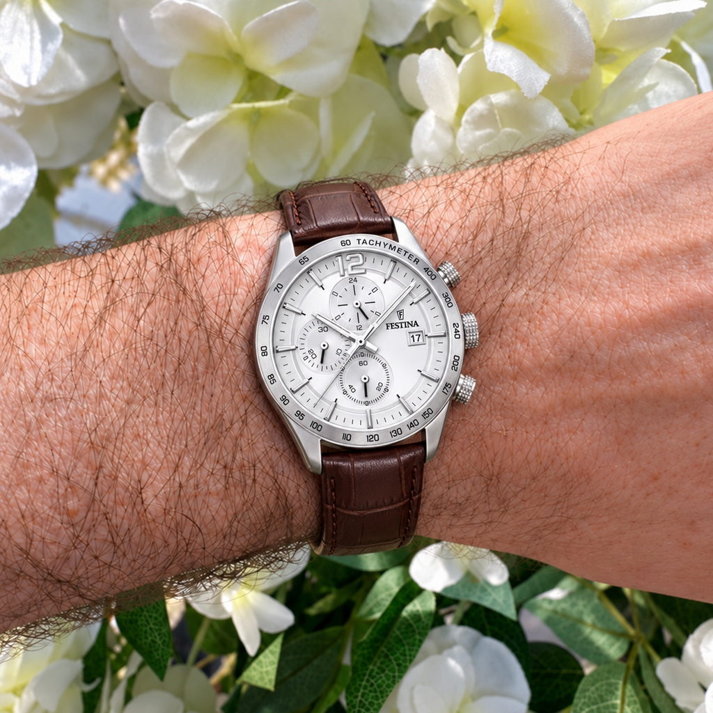 Festina | Timeless Chronograph Brown Leather White Dial Watch | Gents