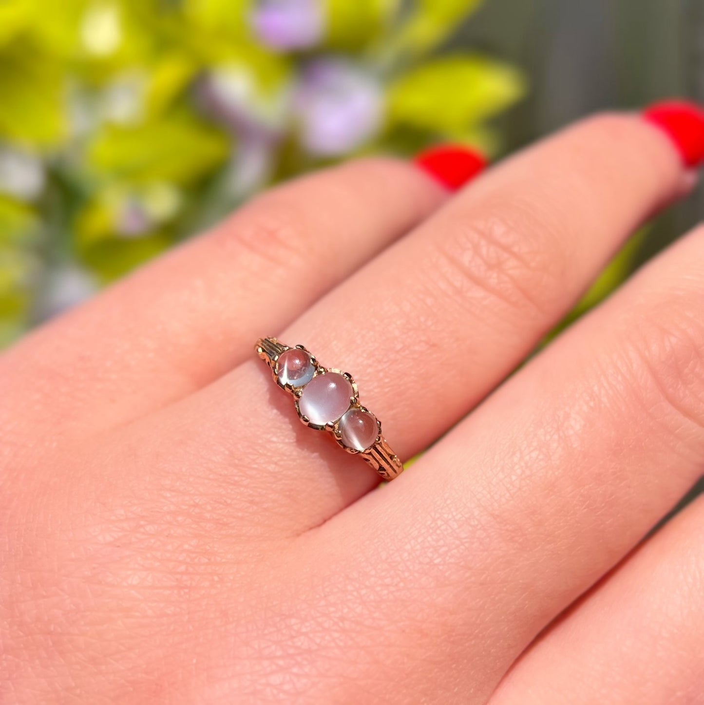 Antique Inspired 9ct Yellow Gold Moonstone Dainty Trilogy Ring - Size M