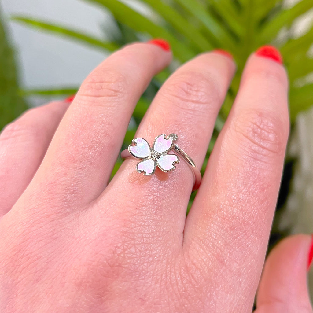 Pink Enamel Flower & Diamond Sterling Silver Ring | Adjustable Size