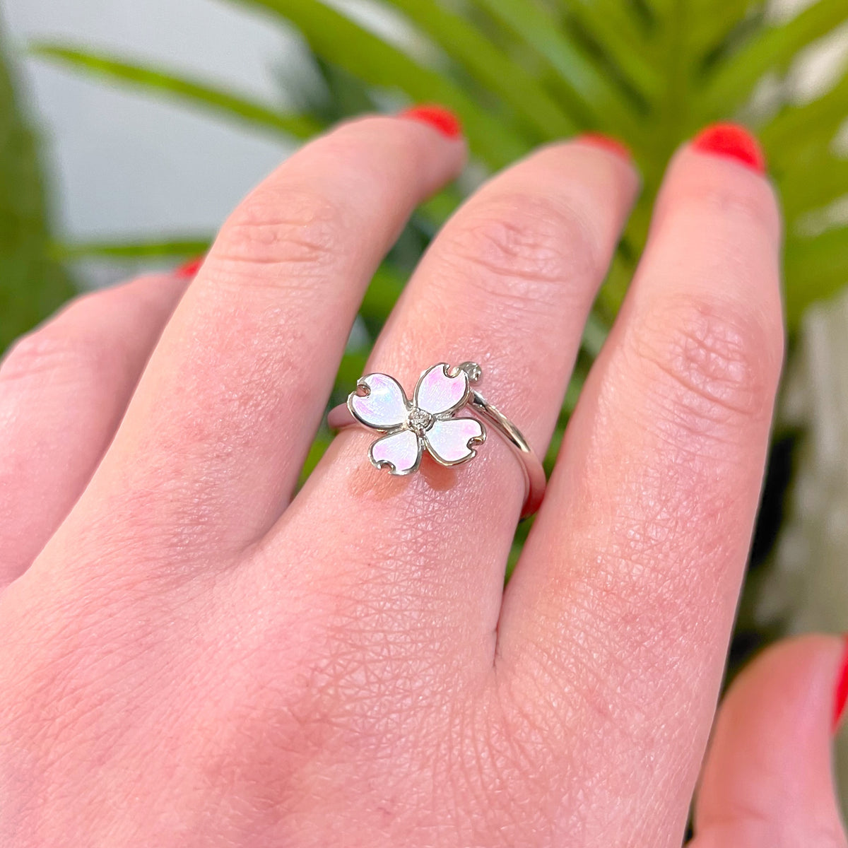 Pink Enamel Flower & Diamond Sterling Silver Ring | Adjustable Size