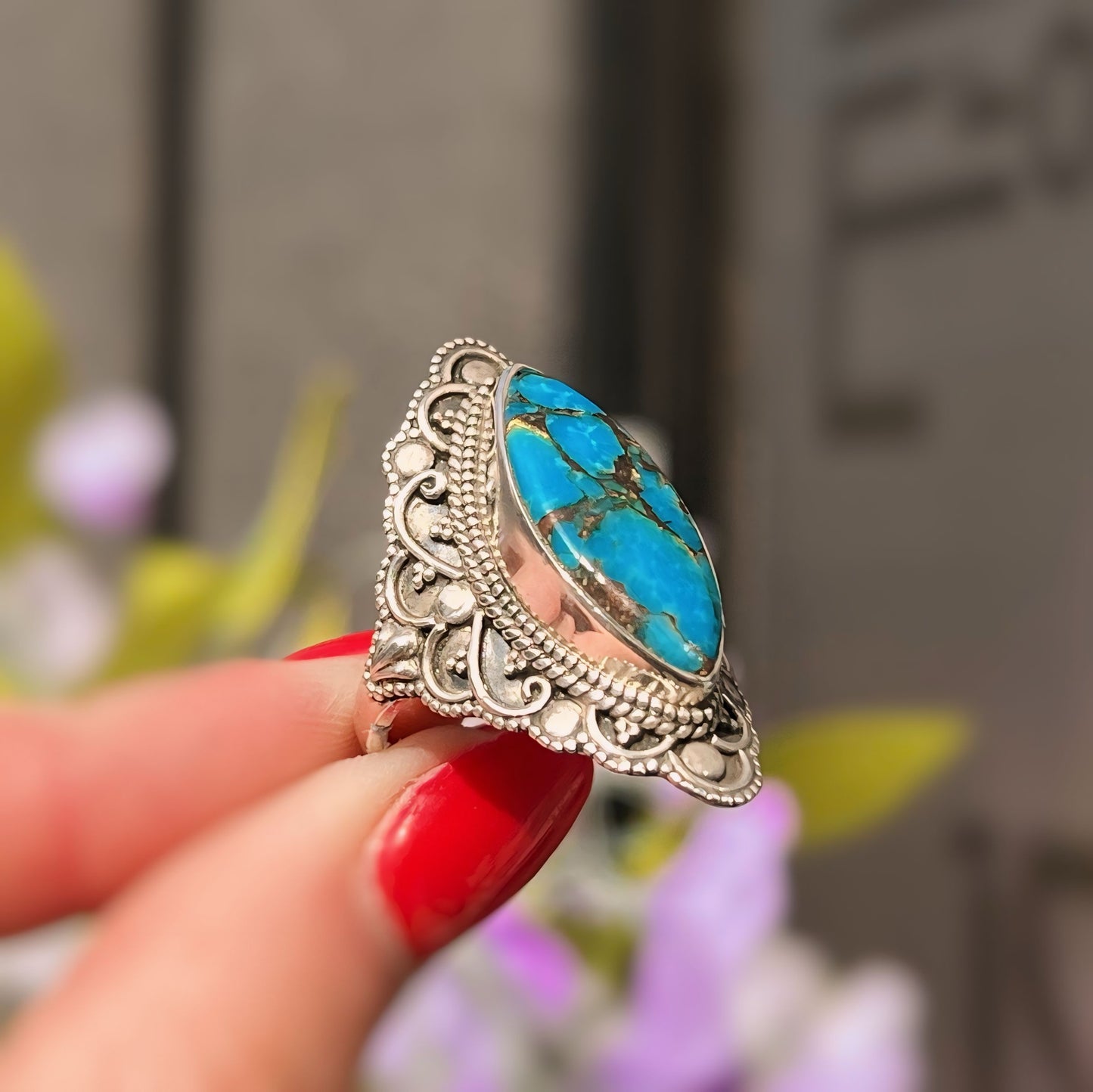 Statement Bohemian Inspired Sterling Silver Marquise Turquoise Ring - Size N ½