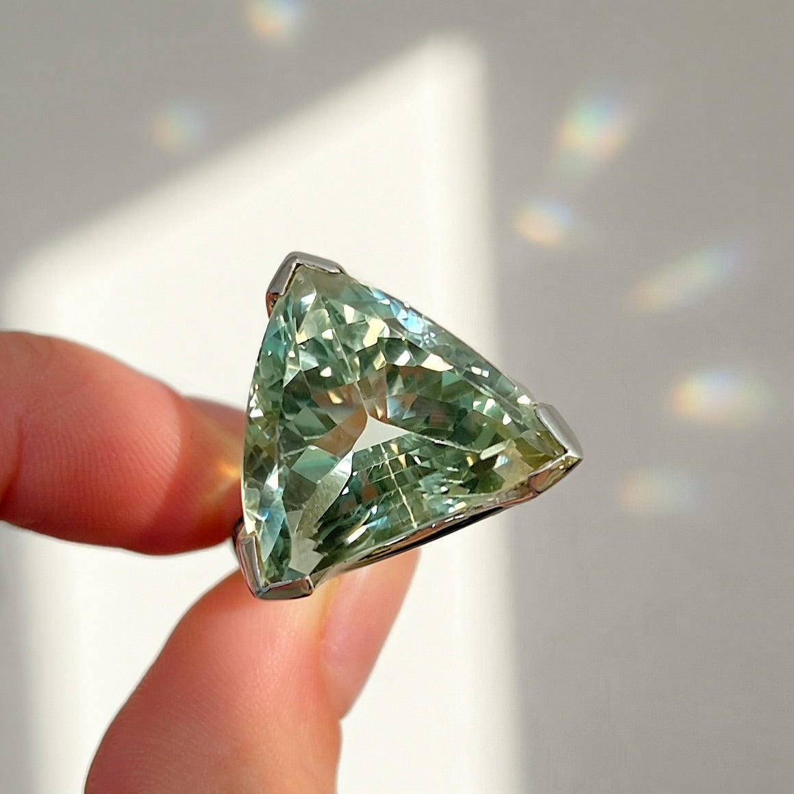 Chunky Sterling Silver Trillion-Cut Green Amethyst Cocktail Ring - Size R ½