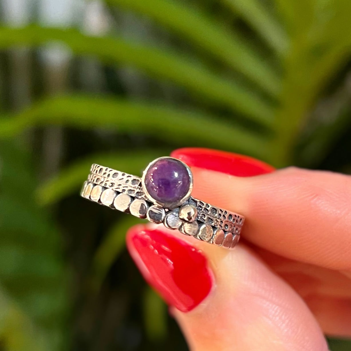 Boho-Inspired Patterned Sterling Silver Amethyst Stacking Ring - Size Q