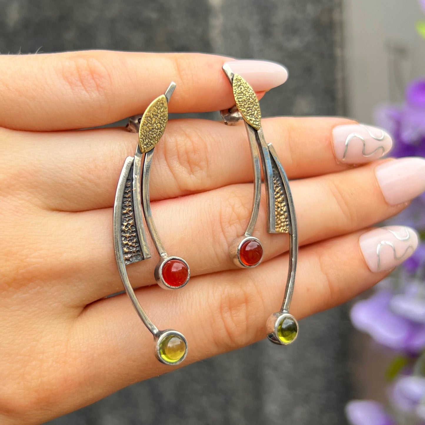 Unique Rustic Sterling Silver Peridot & Carnelian Drop Earrings