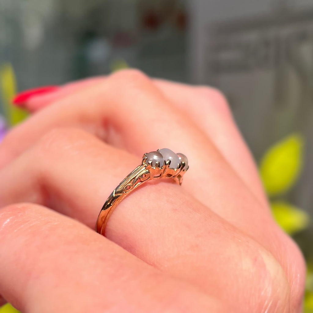 Antique Inspired Moonstone Dainty 9ct Yellow Gold Trilogy Ring | Size M