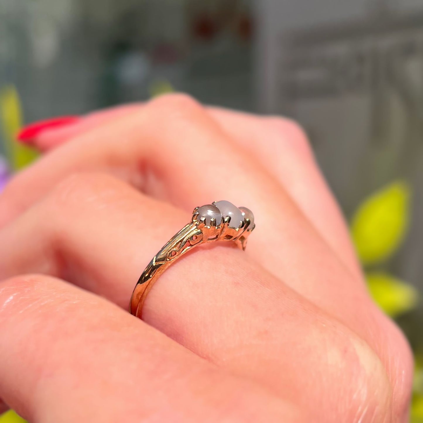 Antique Inspired 9ct Yellow Gold Moonstone Dainty Trilogy Ring - Size M