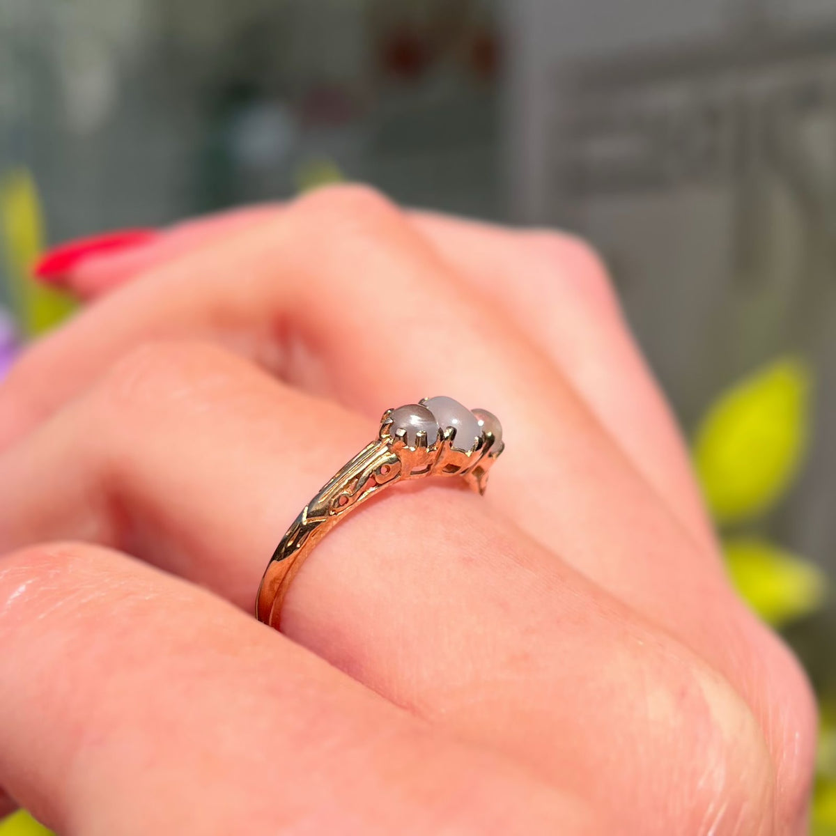 Antique Inspired Moonstone Dainty 9ct Yellow Gold Trilogy Ring | Size M
