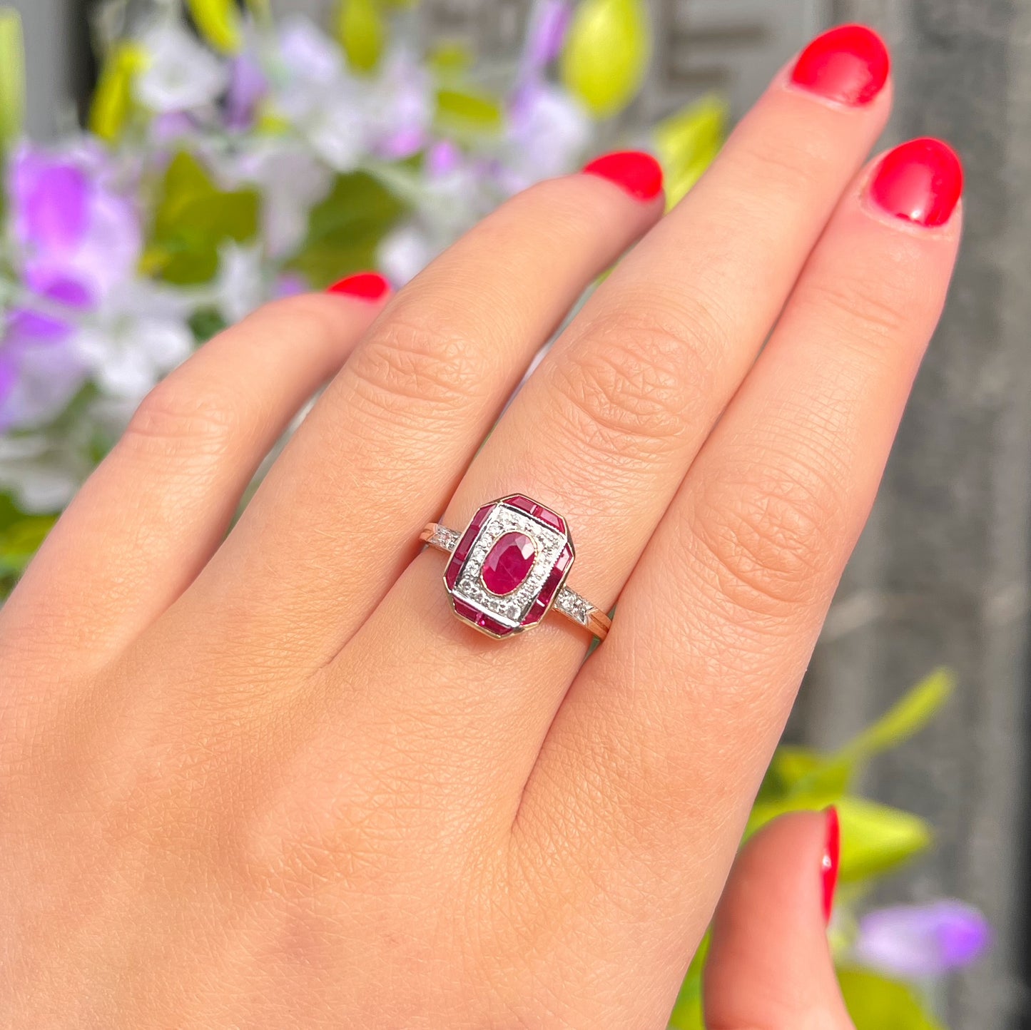 Art Deco Inspired 9ct Yellow Gold Red Ruby and Diamond Ring - Size O