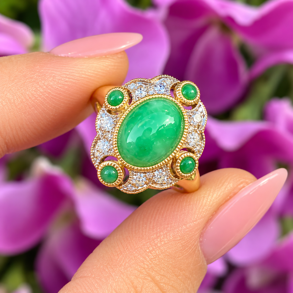 Jade and Diamond Art Deco Reproduction 9ct Yellow Gold Ring