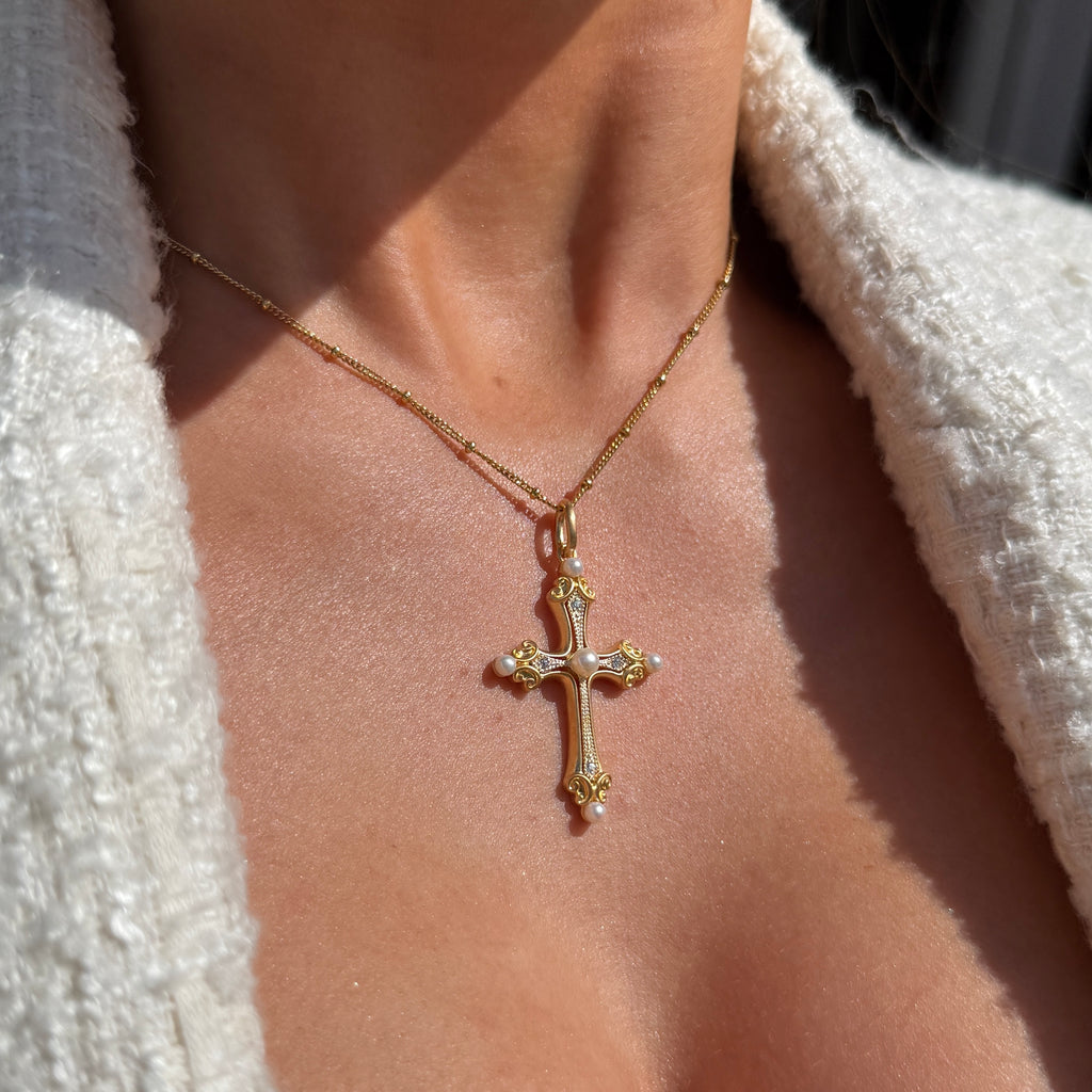 Freshwater Pearl & Cubic Zirconia 9ct Gold Plated Cross Necklace