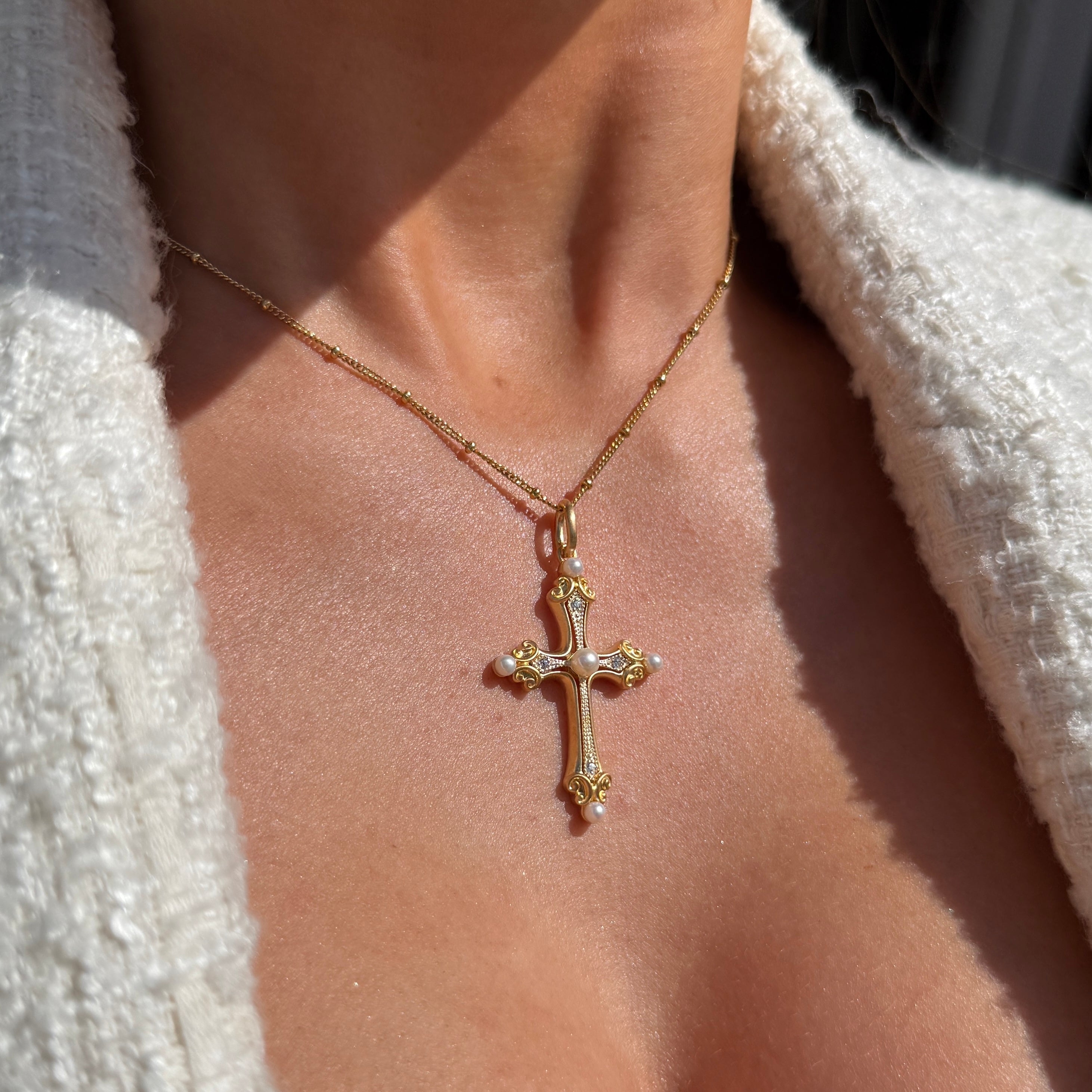 Freshwater Pearl & Cubic Zirconia 9ct Gold Plated Cross Necklace