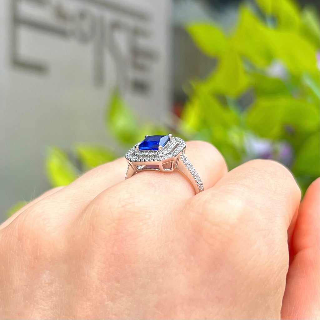 Blue Cubic Zirconia Sterling Silver Square Halo Ring | Size M