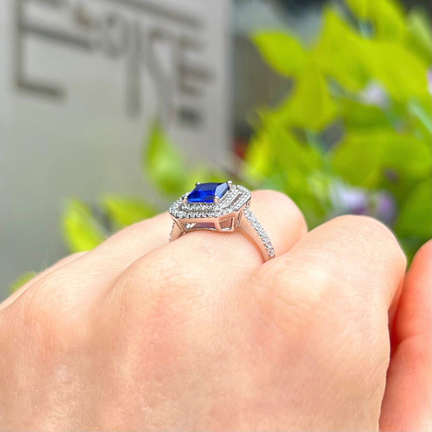Blue Cubic Zirconia Sterling Silver Square Halo Ring | Size M
