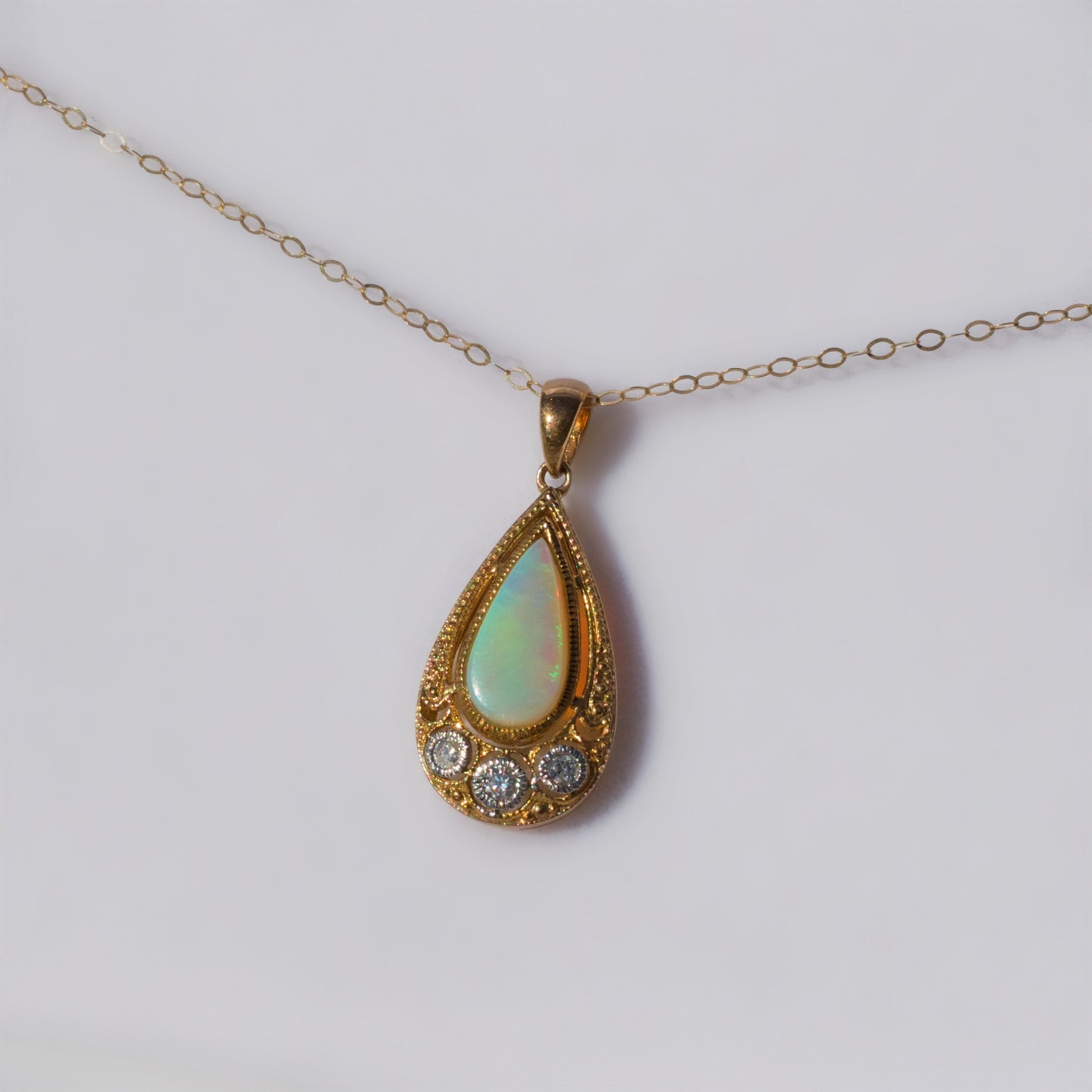 Intriguing Art Deco Inspired 9ct Yellow Gold Opal and Diamond Necklace