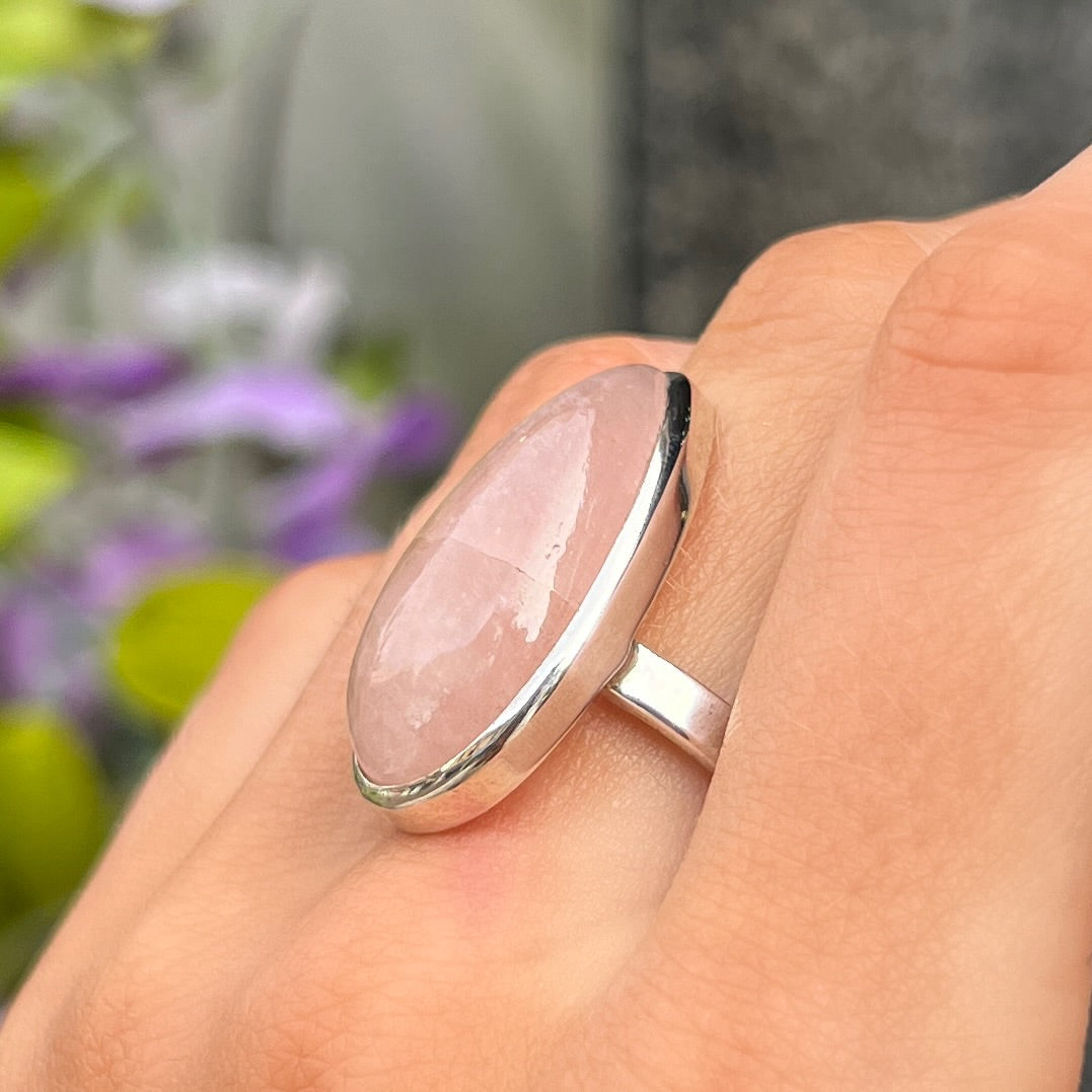 Sterling Silver Pear Cut Pink Rose Quartz Ring - Adjustable Size