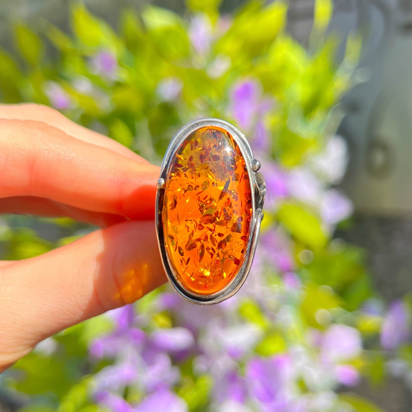 Super Chunky Sterling Silver Orange Amber Ring - Size V