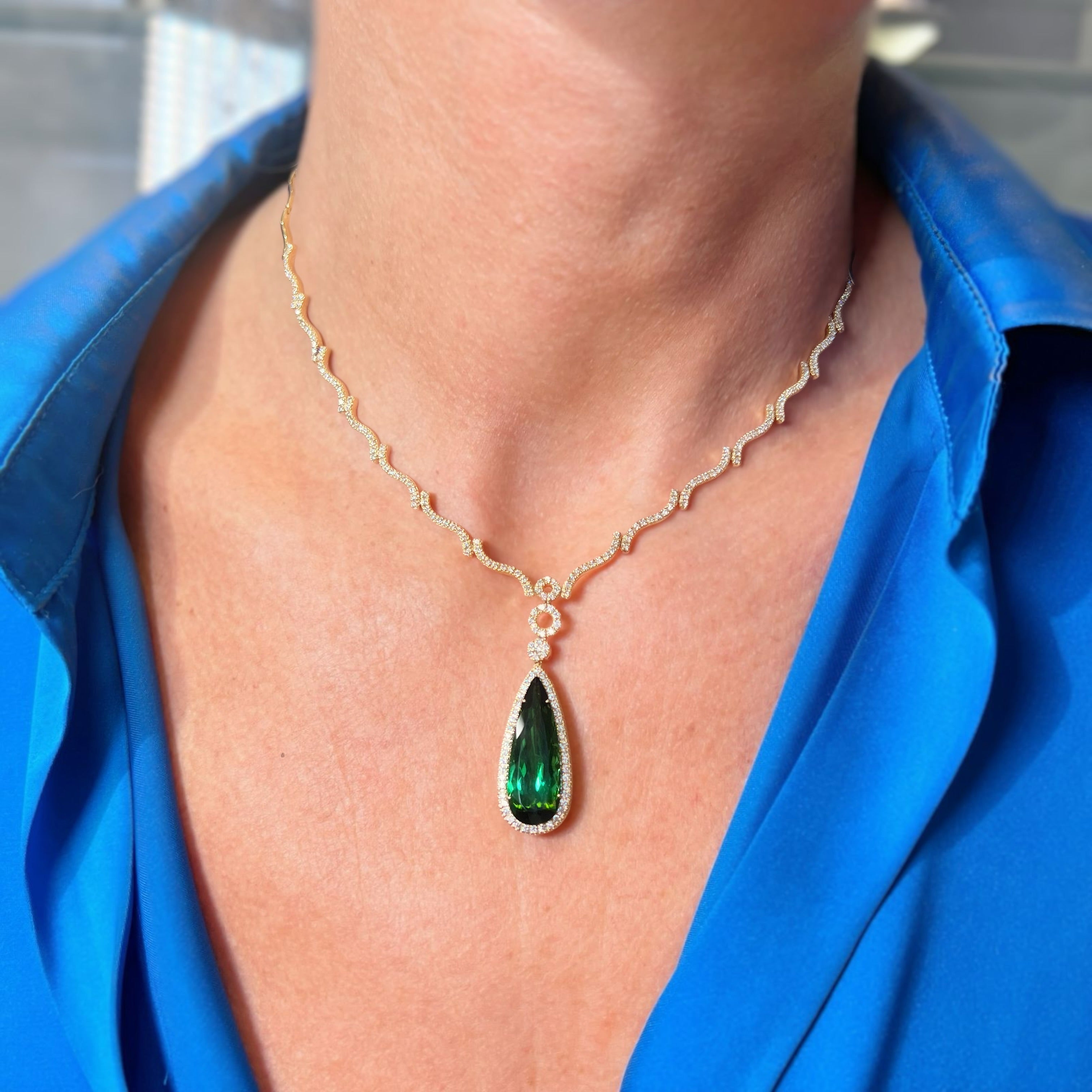 8.78ct Tourmaline and Diamond 18ct Yellow Gold Teardrop Necklace