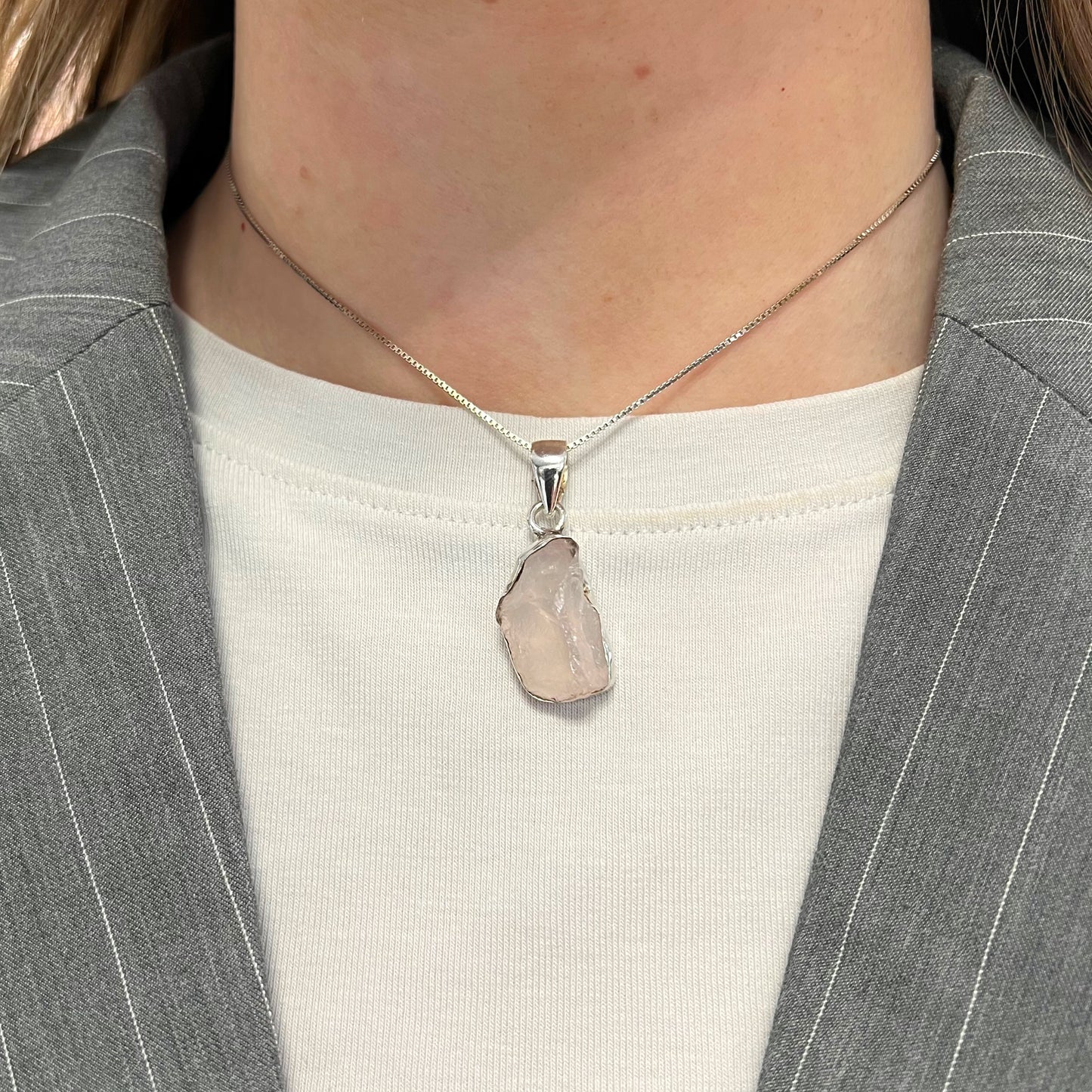 Pink Rose Quartz Sterling Silver Pendant & Chain