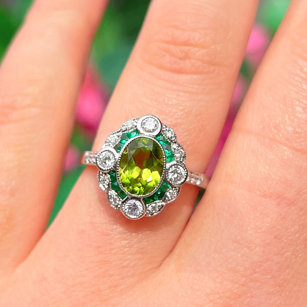 Art Deco Reproduction Peridot, Emerald and Diamond 9ct White Gold Ring | Size M ½