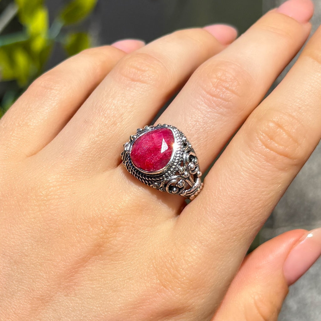 Pear Cut Ruby Sterling Silver Boho Chunky Ring | Size O
