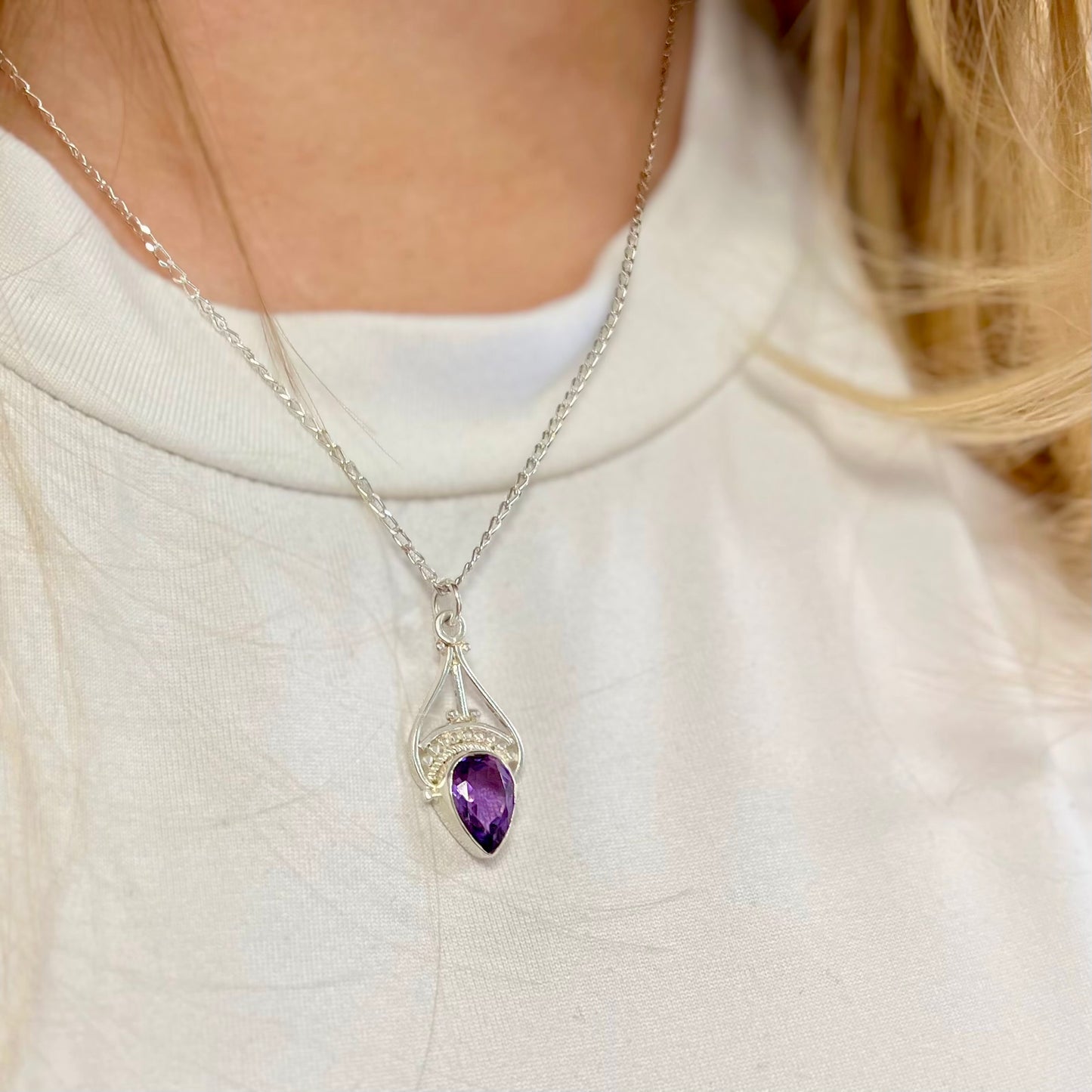 Sterling Silver Amethyst Filigree Necklace