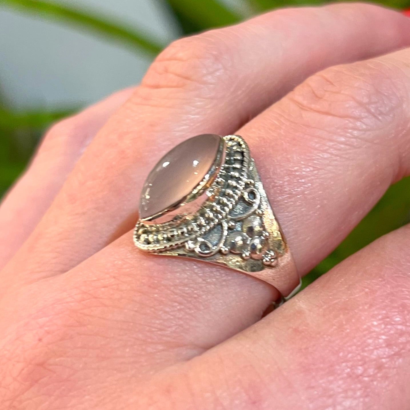 Pink Rose Quartz Sterling Silver Boho Ring - Size T