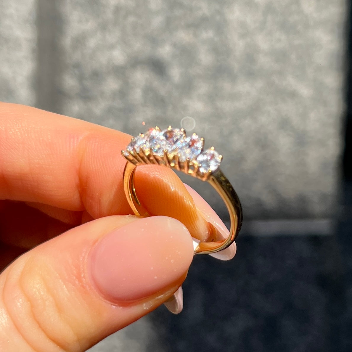 9ct Yellow Gold Oval Cut Five Stone Cubic Zirconia Ring - Size M ½