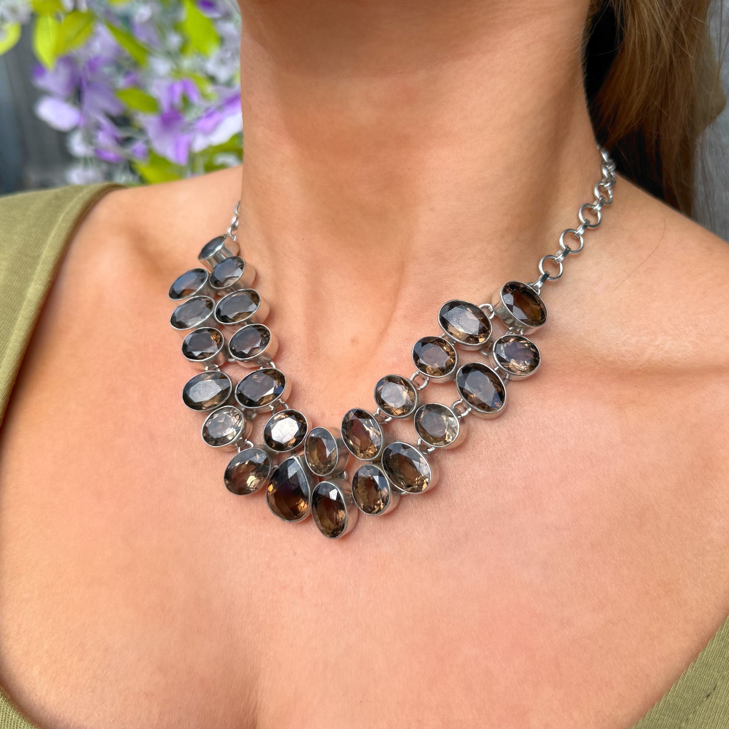 Smoky Quartz Sterling Silver Statement Gemstone Necklace