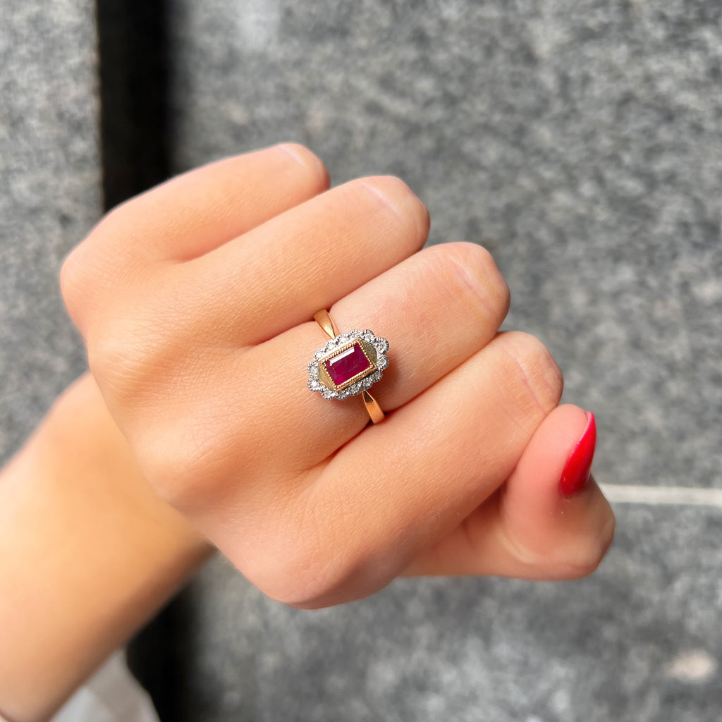 'The Snow' Ruby and Diamond 9ct Yellow Gold Ring | Size N ½