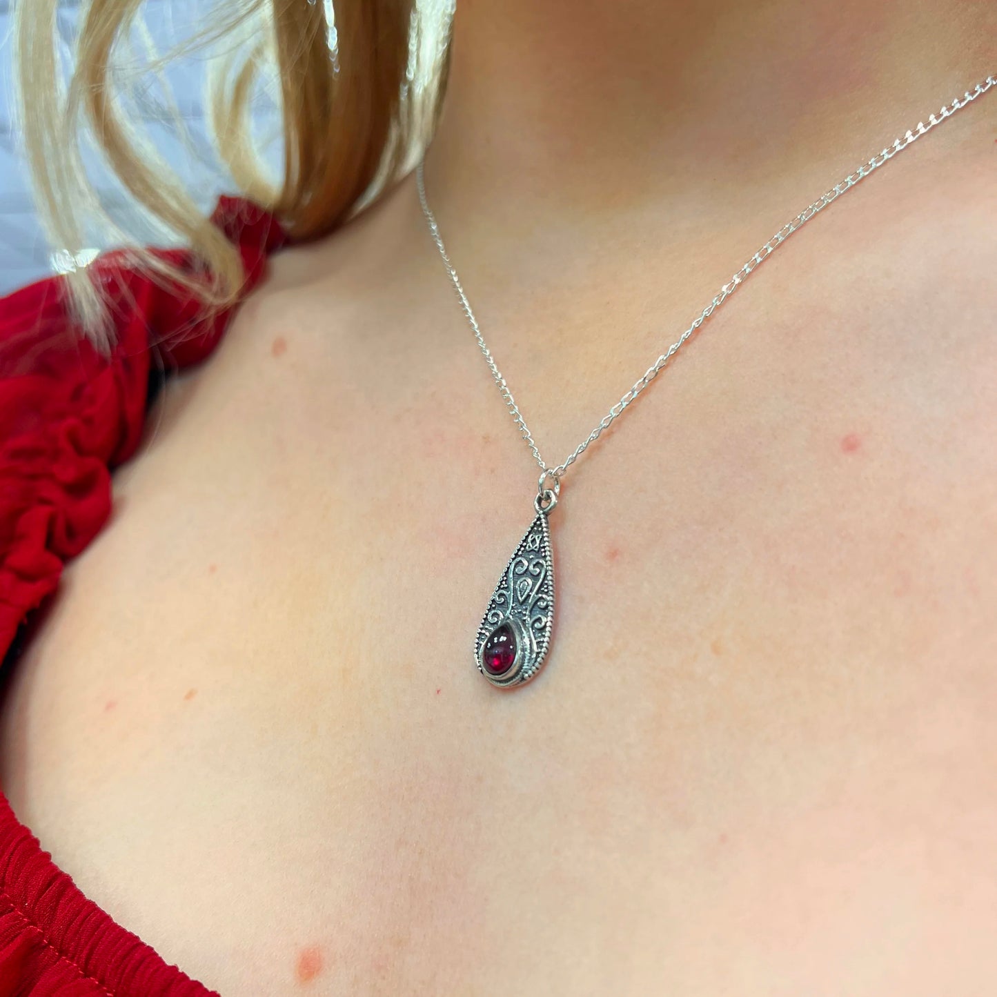 Boho Inspired Pear Shaped Sterling Silver Red Garnet Shield Necklace