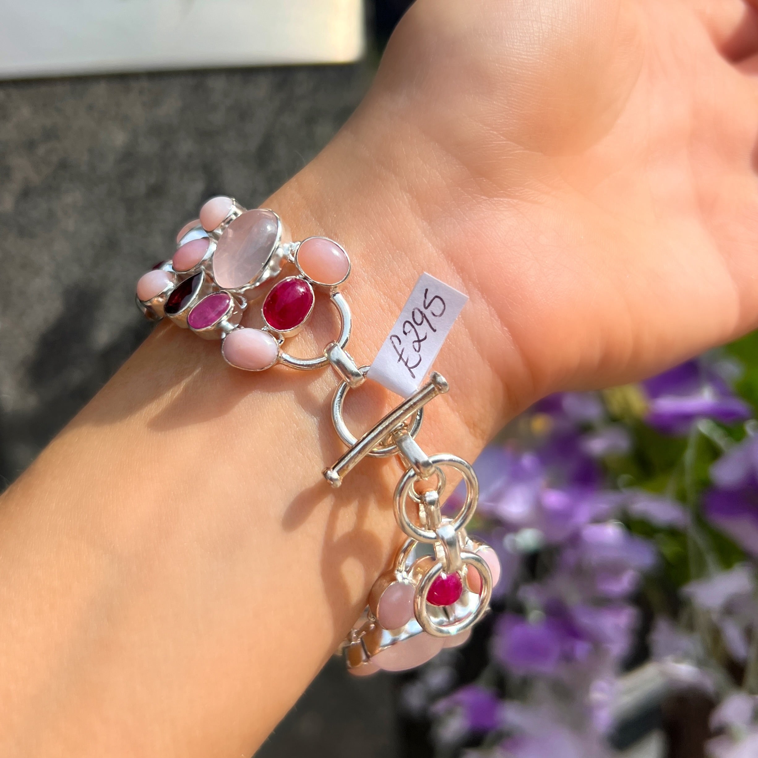 Ruby, White Pearl, Rose Quartz & Clear Quartz Sterling Silver Chunky Bracelet