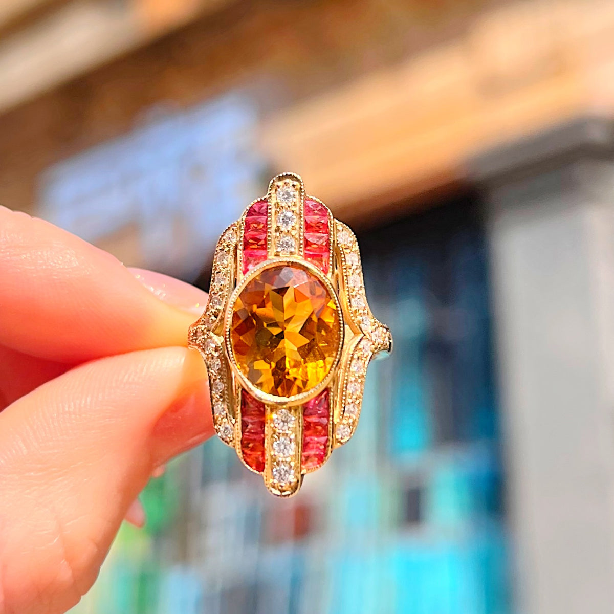 'The Soleil' Citrine, Orange Sapphire and Diamond 18ct Yellow Gold Cocktail Ring | Size M ½